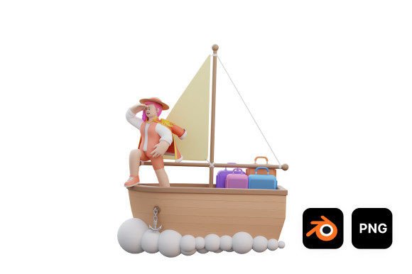3D Woman Sails on Boat